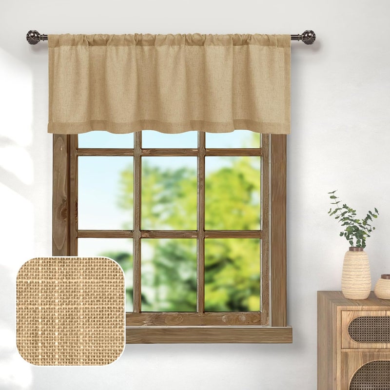 Pitalk Burlap Color Linen Window Valance for Kitchen 3 Inch Rod Pocket Semi Sheer Primitive Rustic Farmhouse Valance Curtain Topper for Bedroom Living Room Dining Bathroom 18 Inch Length Tan Brown - Image 1